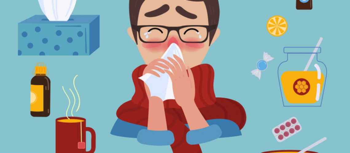 Young man in glasses caught cold flu or virus.He has red nose, high temperature and holds handkerchief or napkin. Ways to treat illness in a circle around. Vector isolated objects on blue background